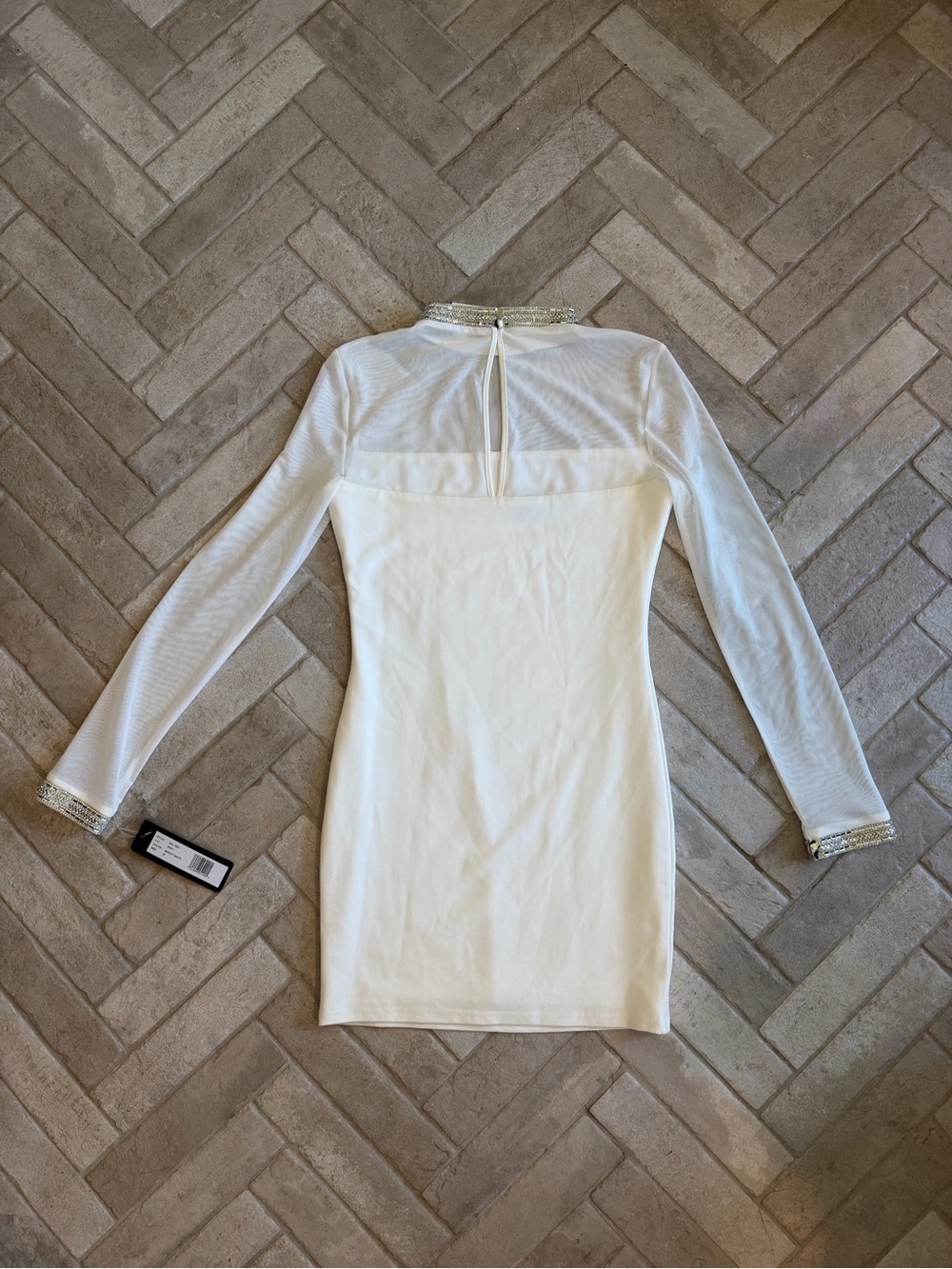 bebe Crystal Mesh Mini Dress Bright White NWT Size S Rhinestone Bodycon - Picture 9 of 13